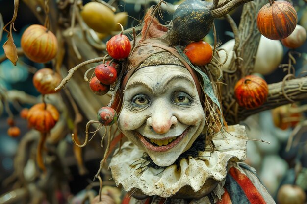 Close Up of a Colorful Handcrafted Jester Doll with Cheerful Expression Amidst Autumn Decorations