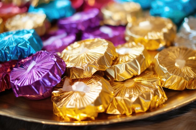 A close up of colorful hanukkah gelt in gold wrappers