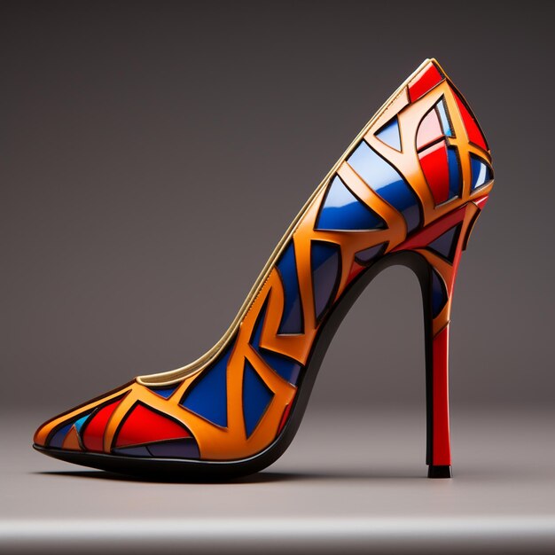 a close up of a colorful high heel shoe on a gray surface generative ai