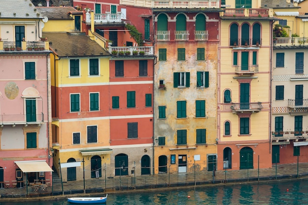 Close up : Colorful houses at square of Portofino.