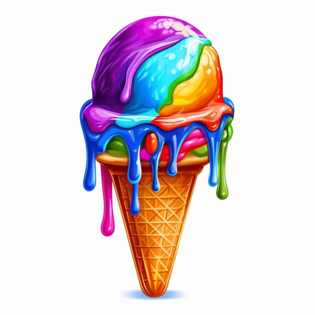 A close up of a colorful ice cream cone with a rainbow topping generative ai