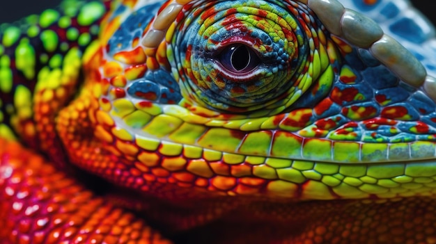 A close up of a colorful iguana's eye