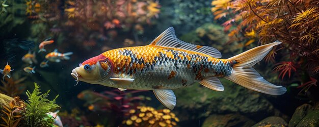 澄んだ水の中のカラフルなコイ魚のクローズアップ