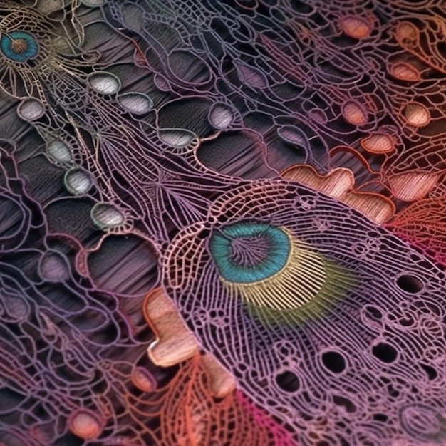 A close up of a colorful lace with a peacock feather generative ai