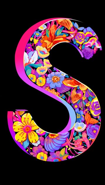 A close up of a colorful letter s with flowers on a black background generative ai