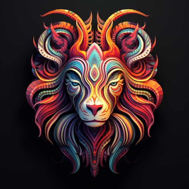 a close up of a colorful lion head on a black background. generative ai.