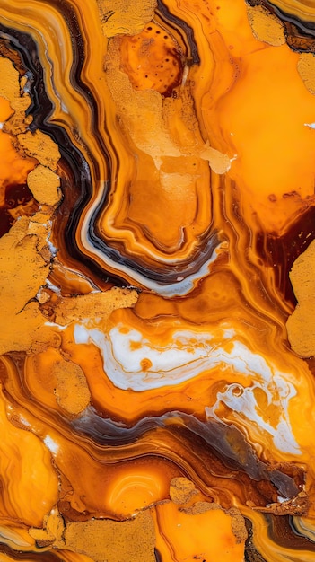 A close up of a colorful liquid with a black and gold paint