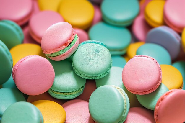 Close up colorful macarons dessert with pastel background