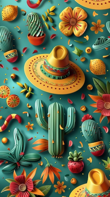 a close up of a colorful mexican themed background with cactuses and hats generative ai