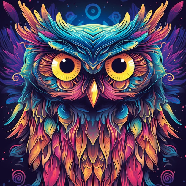a close up of a colorful owl with a black background generative ai