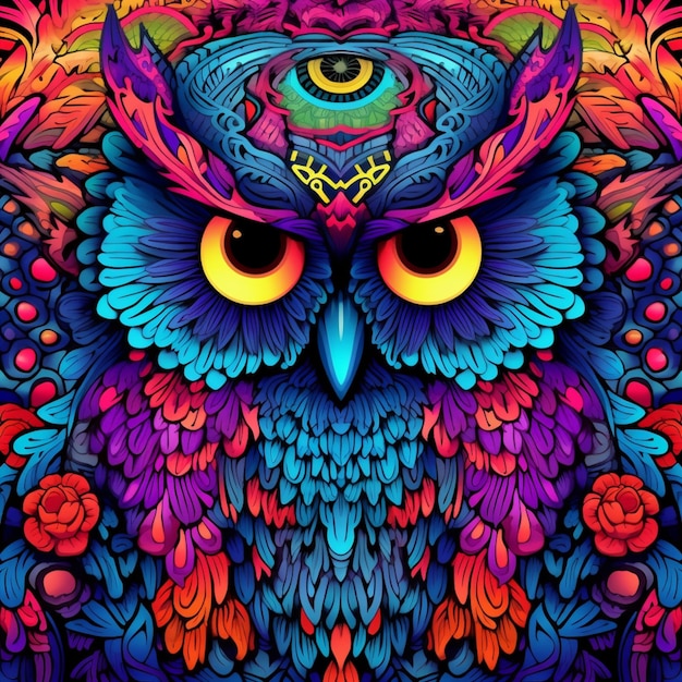 A close up of a colorful owl with a psychedelic look generative ai