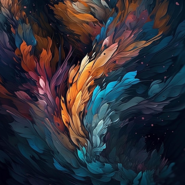 A close up of a colorful painting of a bird with feathers generative ai