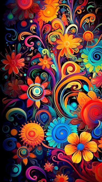 a close up of a colorful painting of flowers and swirls generative ai