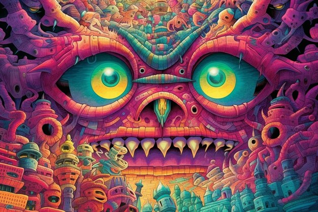 A close up of a colorful painting of a monster face generative ai