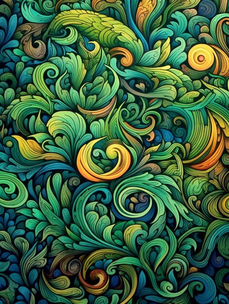 A close up of a colorful painting of swirls and leaves generative ai