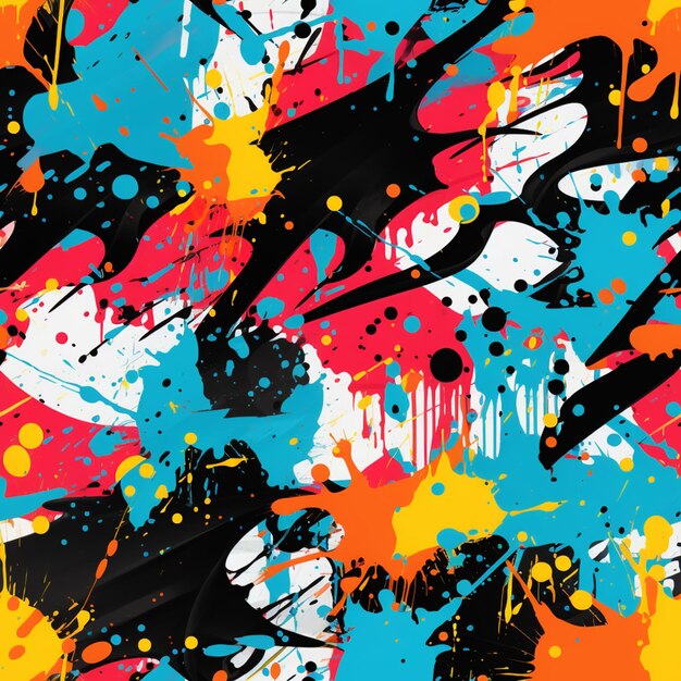 a close up of a colorful painting with black and yellow splatters generative ai