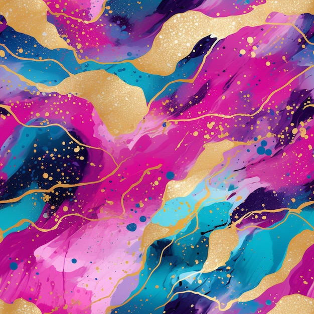 a close up of a colorful painting with gold and pink paint generative ai