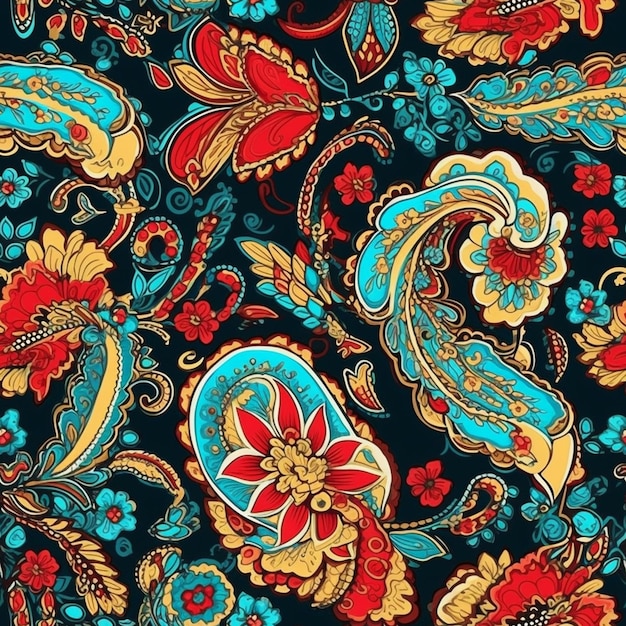 A close up of a colorful paisley pattern on a black background generative ai