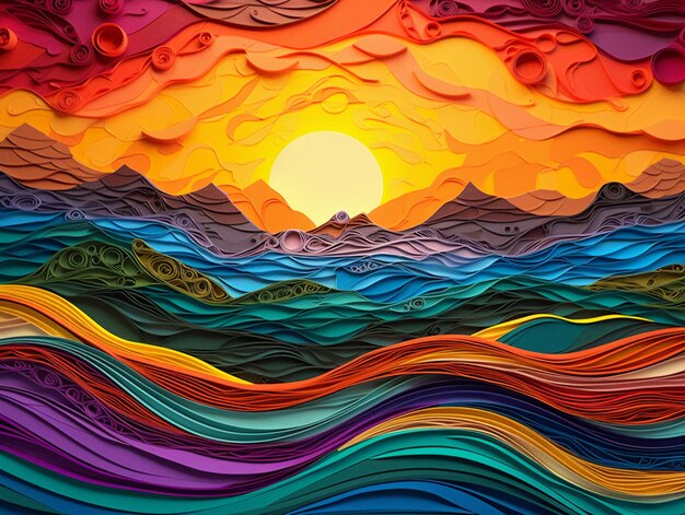 A close up of a colorful paper art of a sunset over a body of water generative ai