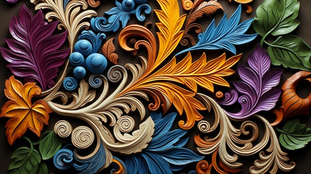 a close up of a colorful paper art with leaves and flowers generativ ai
