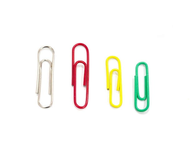 Photo close-up of colorful paper clips against white background