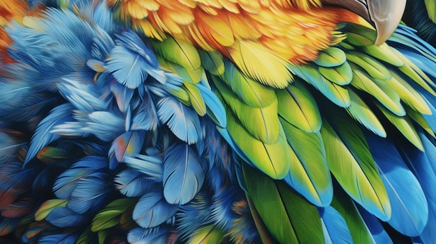 A close up of a colorful parrot's feathers