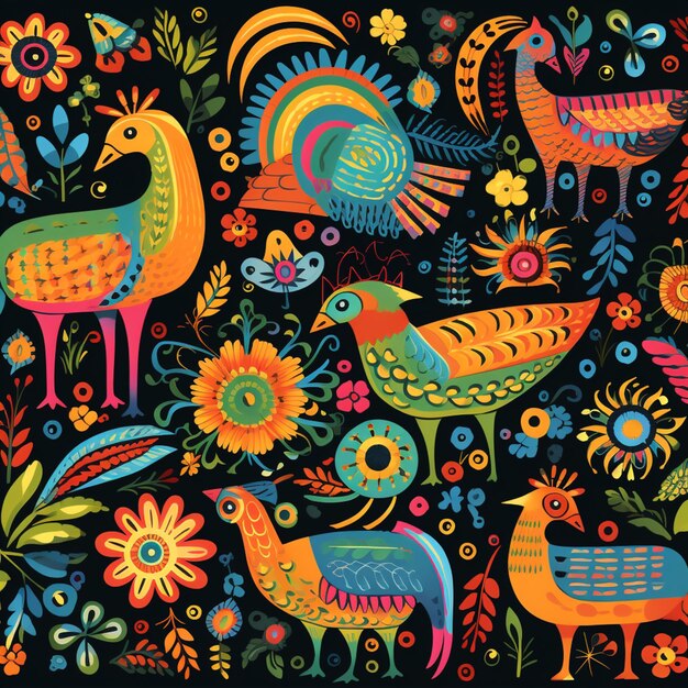 a close up of a colorful pattern of birds and flowers generative ai