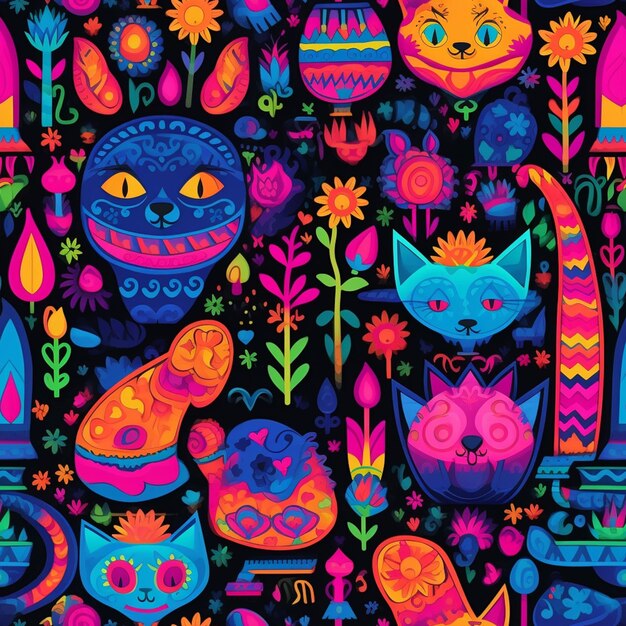 A close up of a colorful pattern of cats and flowers generative ai