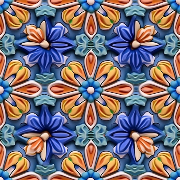 A close up of a colorful pattern of flowers on a blue surface generative ai