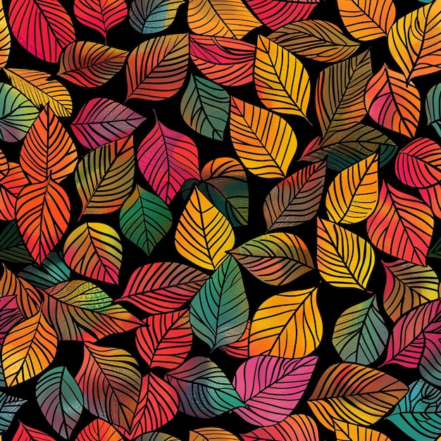 a close up of a colorful pattern of leaves on a black background generative ai