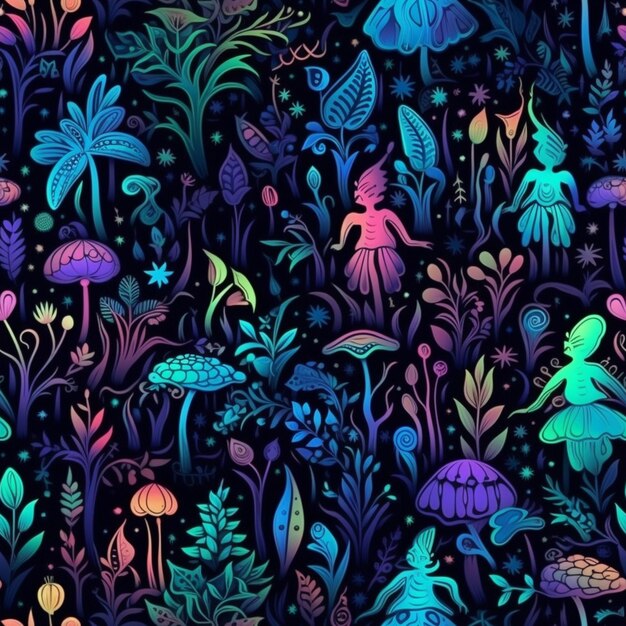 Photo a close up of a colorful pattern of mushrooms and plants generative ai
