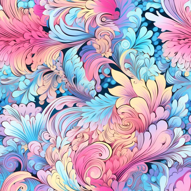 a close up of a colorful pattern of swirls and leaves generative ai