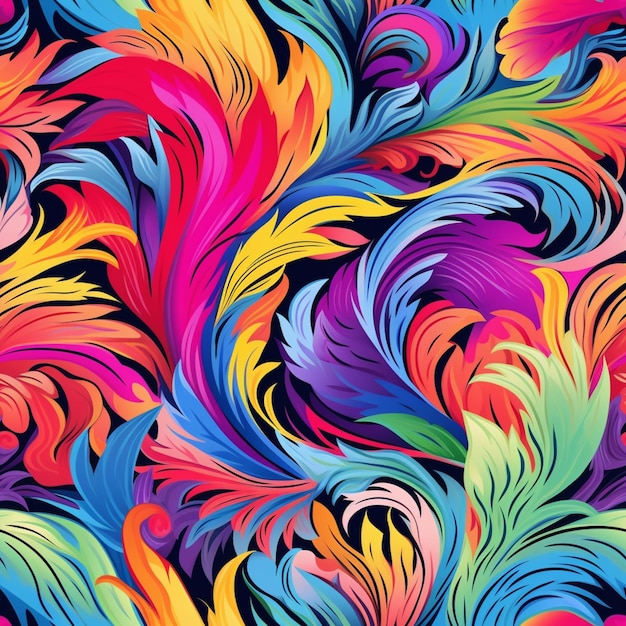 A close up of a colorful pattern of swirls and leaves generative ai