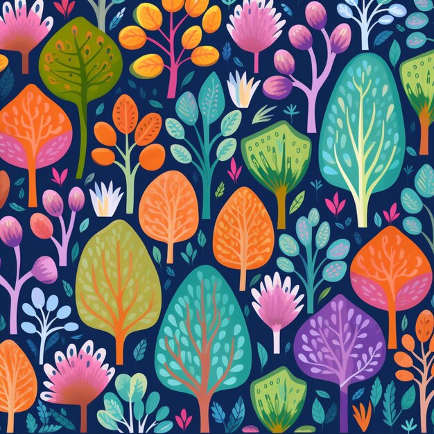 a close up of a colorful pattern of trees and flowers generative ai