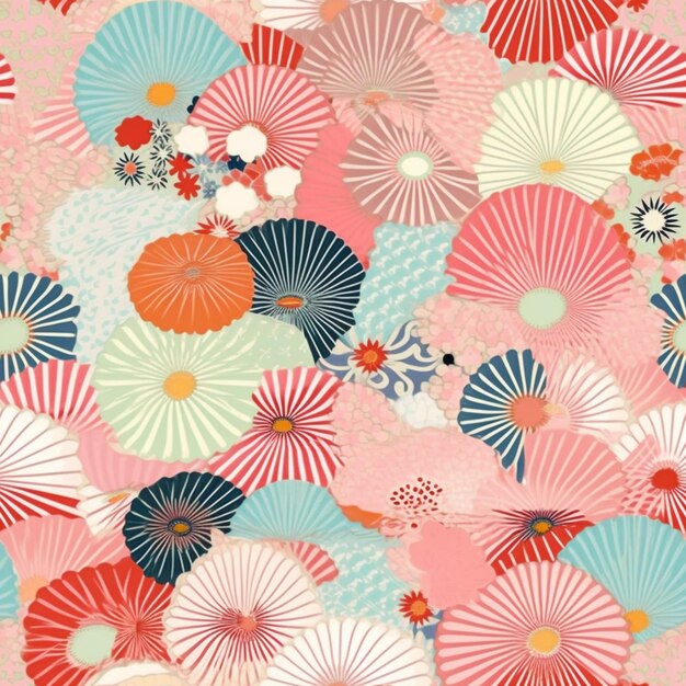 A close up of a colorful pattern of umbrellas on a pink background generative ai