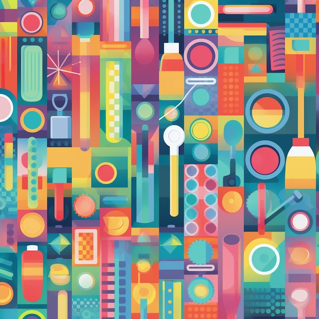 A close up of a colorful pattern of various objects generative ai