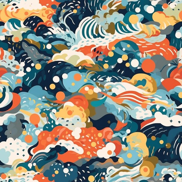 A close up of a colorful pattern of waves and clouds generative ai