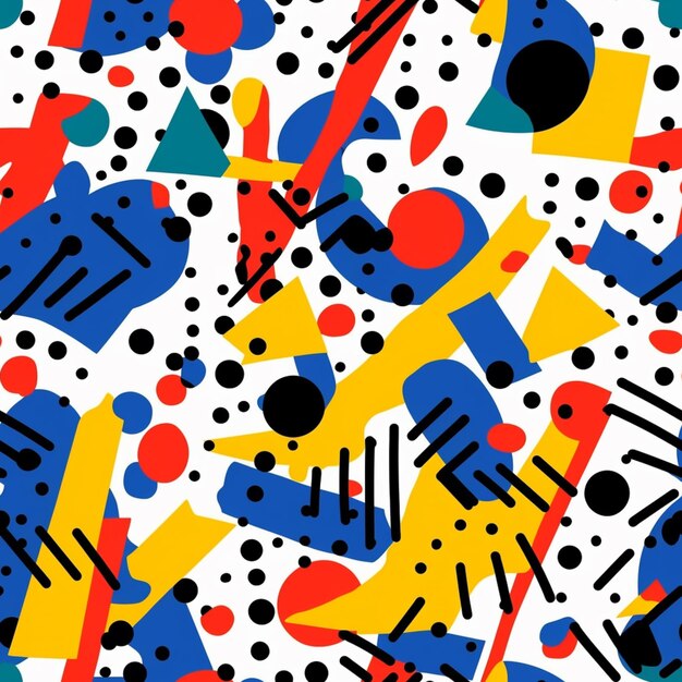 a close up of a colorful pattern with black dots and shapes generative ai