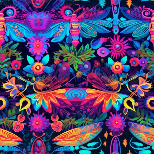 A close up of a colorful pattern with butterflies and flowers generative ai