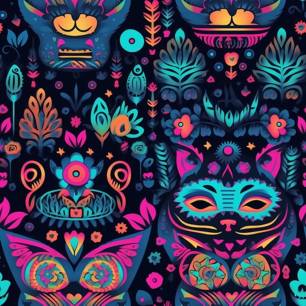 A close up of a colorful pattern with cats and flowers generative ai