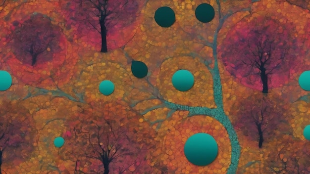 Близкое изображение красочного рисунка с кругами и деревьями