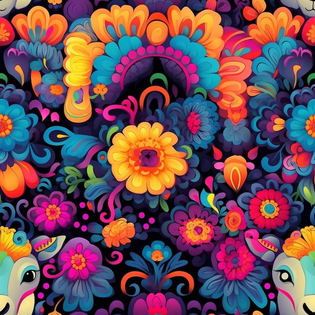 A close up of a colorful pattern with a horse and flowers generative ai