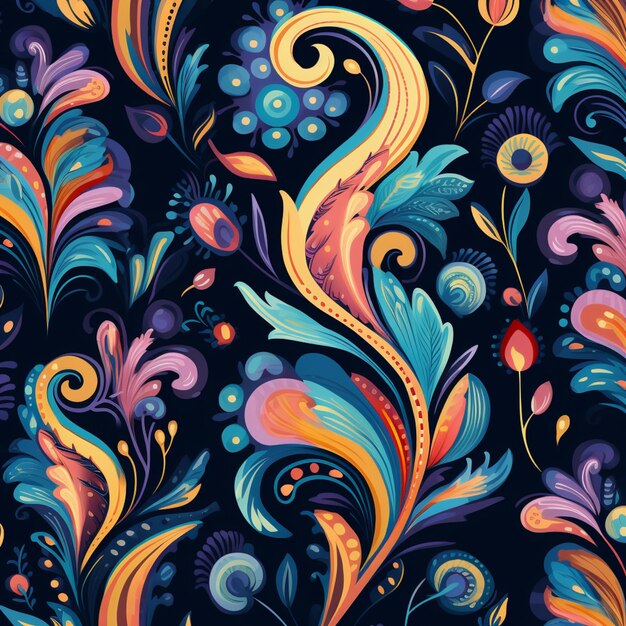 a close up of a colorful pattern with swirls and flowers generative ai