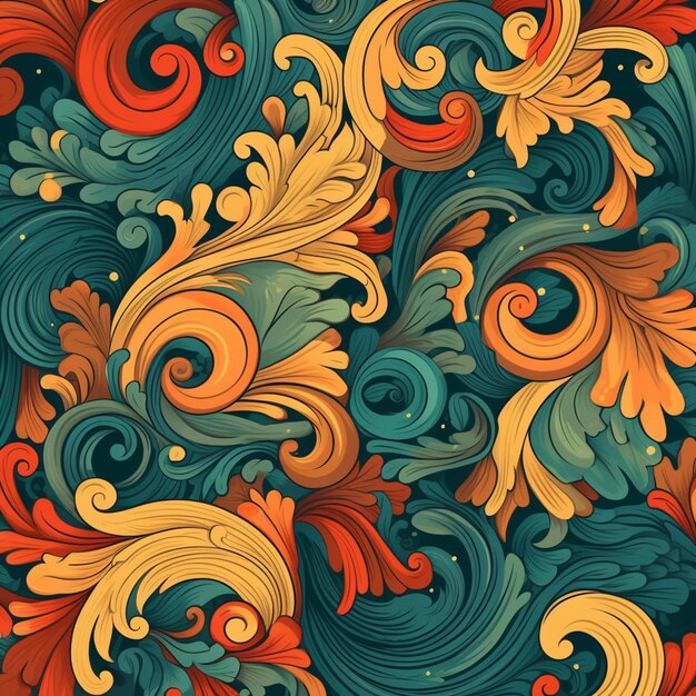 A close up of a colorful pattern with swirls and leaves generative ai