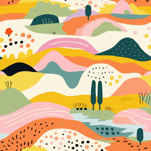 a close up of a colorful pattern with trees and hills generative ai