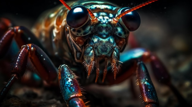 A close up of a colorful peacock mantis shrimp underwater creature
