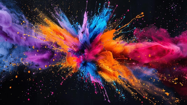 a close up of a colorful powder cloud on a black background generative ai