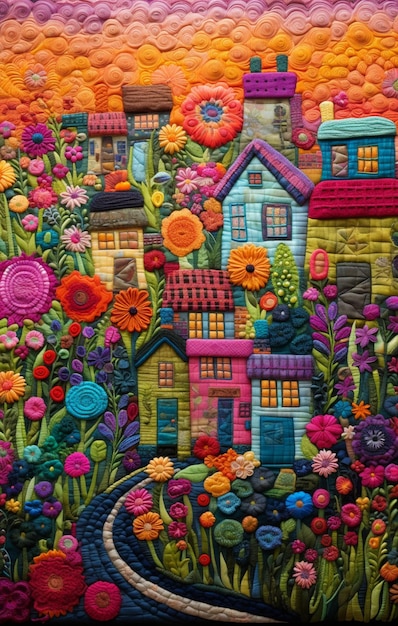 a close up of a colorful quilt with a house and flowers generative ai