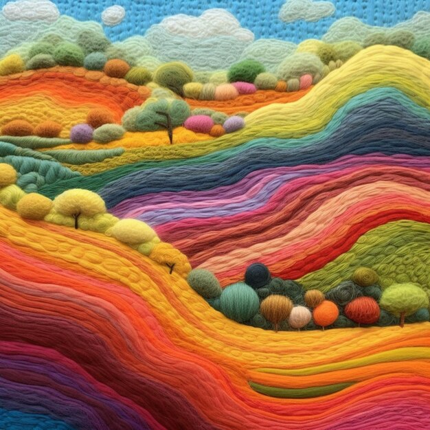 A close up of a colorful quilt with trees and hills generative ai