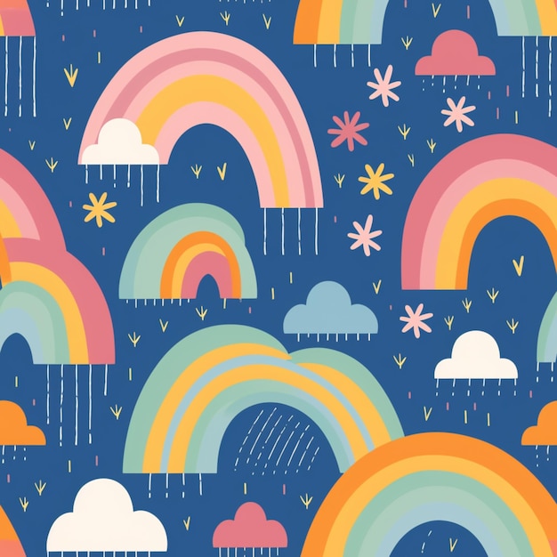 A close up of a colorful rainbows and clouds on a blue background generative ai